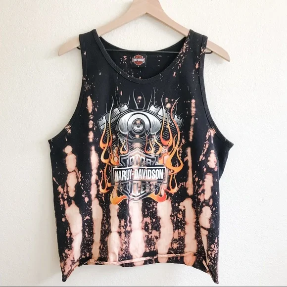 SOLD—Custom Harley Davidson Tie Dye Tank Top w/ Flames Graphic. Black, Large - Picture 2 of 13